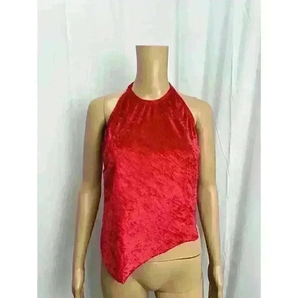 VTG Velour Sexy Red Halter Top 90s Rave Festival Y2K Asymmetrical Size M/L - Picture 2 of 14